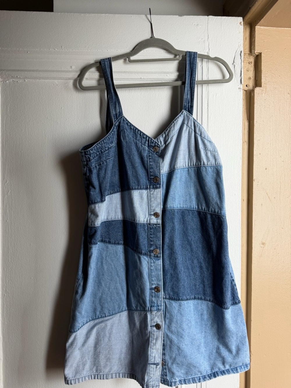 GAP Patchwork Color Block Denim Button-Front Mini Dress